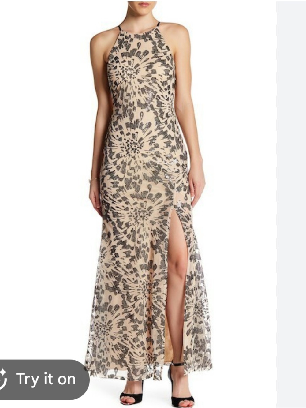 Trixxi Nude and Black Sequin Slit Maxi dress